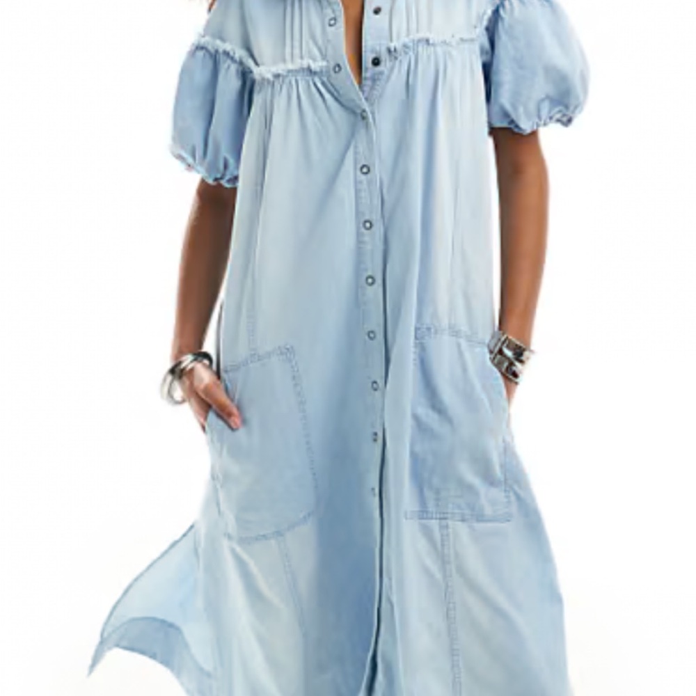 Free People Blue Buttoned Tiered Maxi Sundress